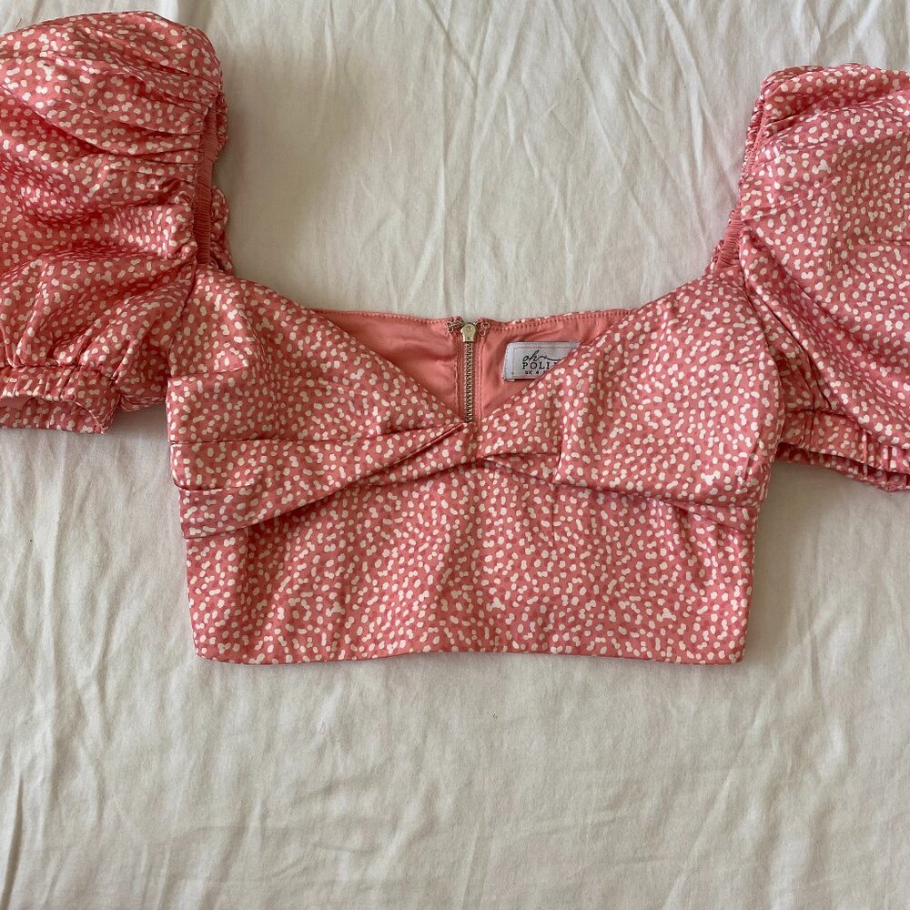 Oh, Polly Coral and white polka dot shirt with puff sleeves. Satin, Size :0